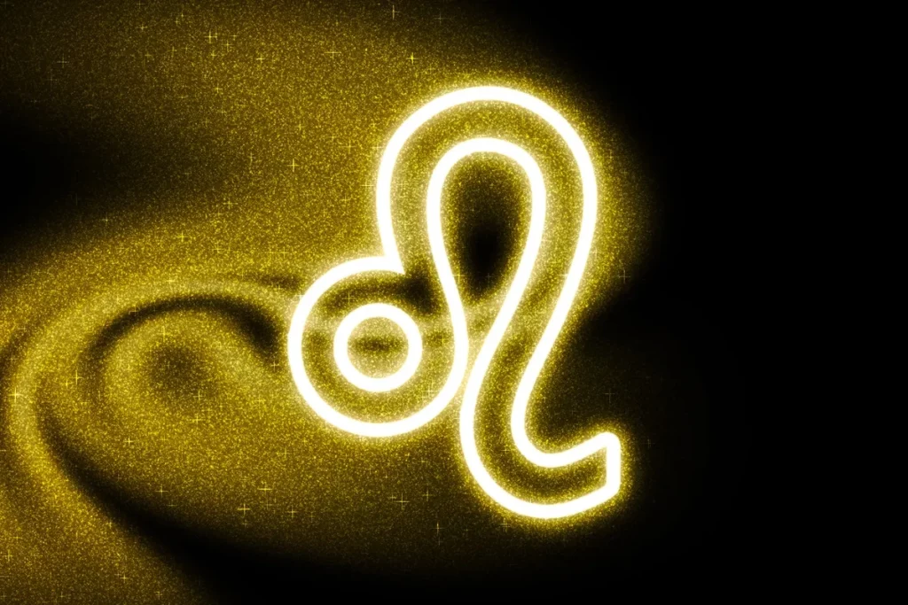 Imagem do símbolo do signo de Leão iluminado em neon dourado, com efeitos brilhantes e fundo escuro. Ideal para temas de astrologia e numerologia."