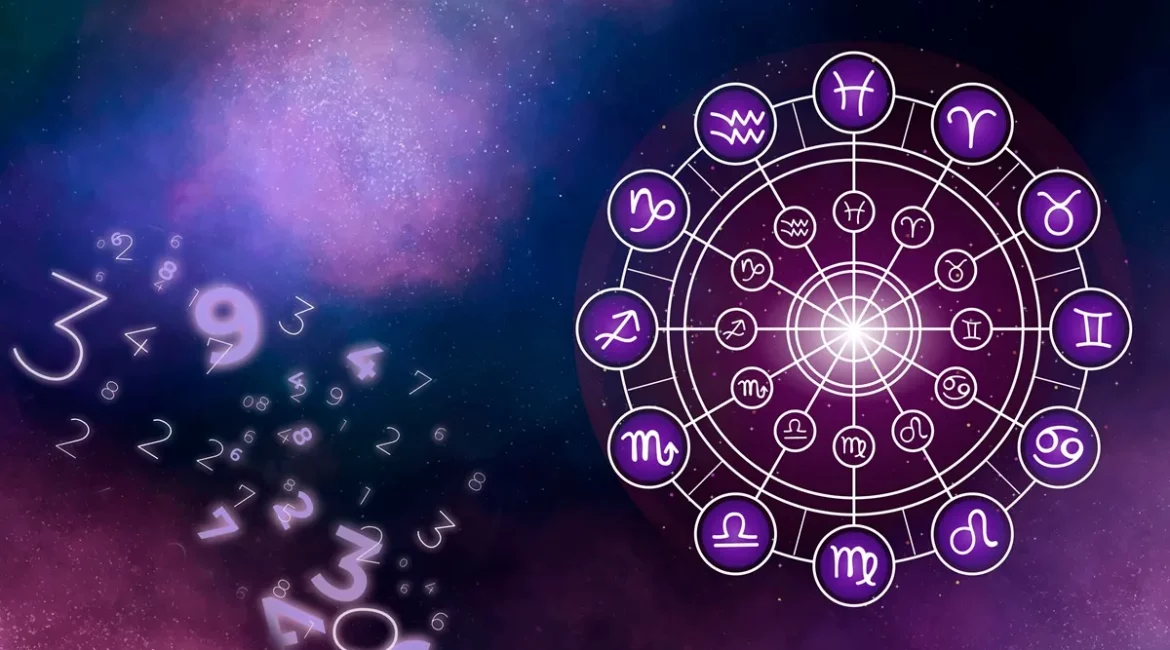 Imagem da roda astrológica com os signos e números flutuantes, representando a conexão entre numerologia e astrologia, com destaque para o signo de Leão