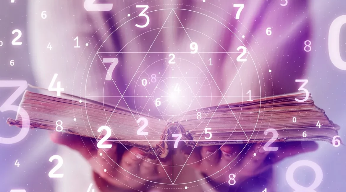 Imagem abstrata de números flutuando ao redor de um livro aberto, simbolizando numerologia e energia das datas de nascimento