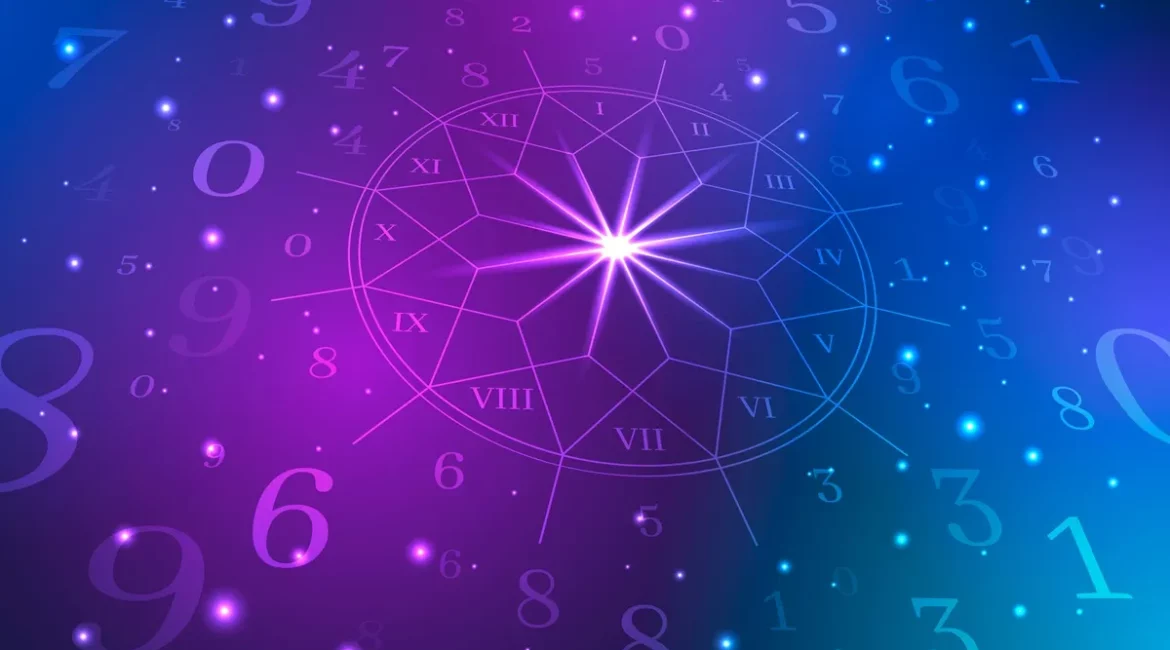 Imagem de um diagrama de numerologia cabalística com números flutuantes sobre um fundo roxo e azul, representando a conexão espiritual e os significados dos números no universo.