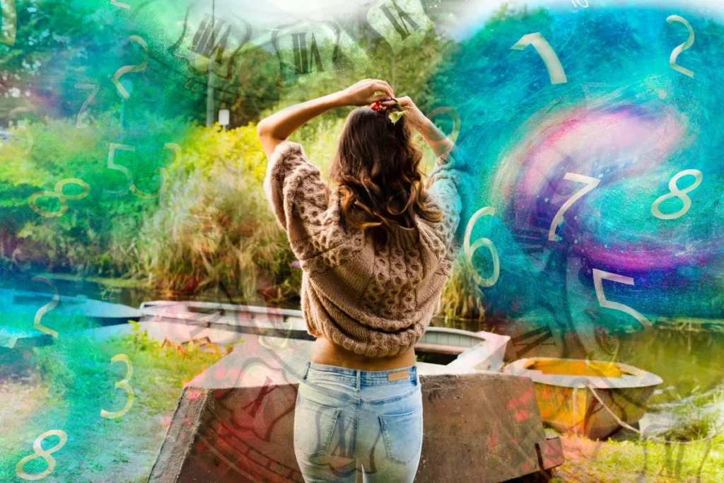 Imagem com mulher no centro, envolta por vários números