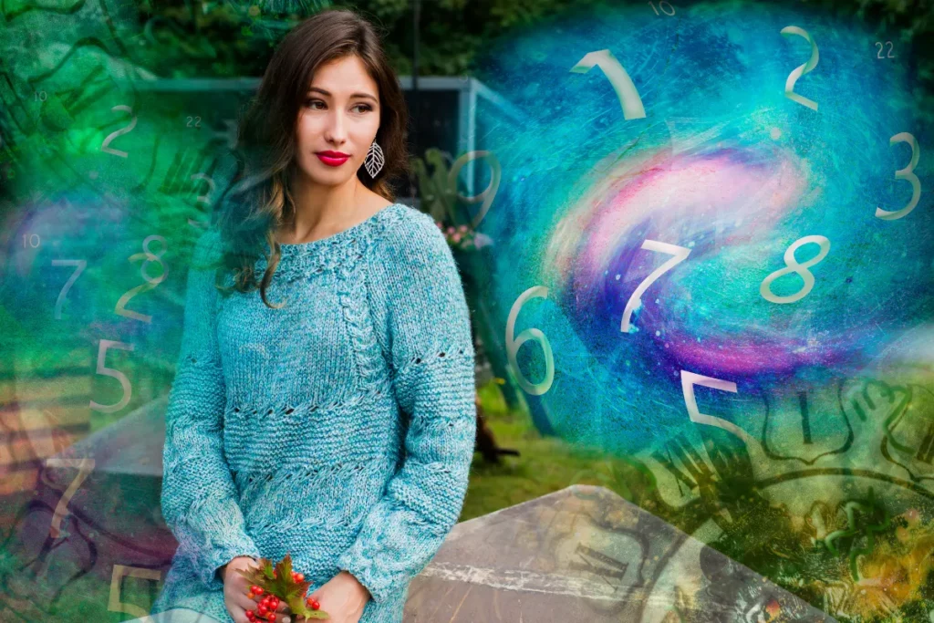 Imagem mostrando mulher no canto, envolta por vários números