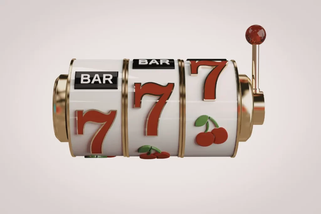 máquina caça-níquel exibindo três números 7 alinhados com símbolo de bar e frutas