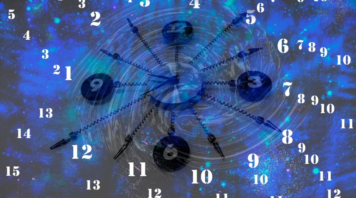 números flutuando sobre fundo cósmico azul com elementos circulares e padrão abstrato