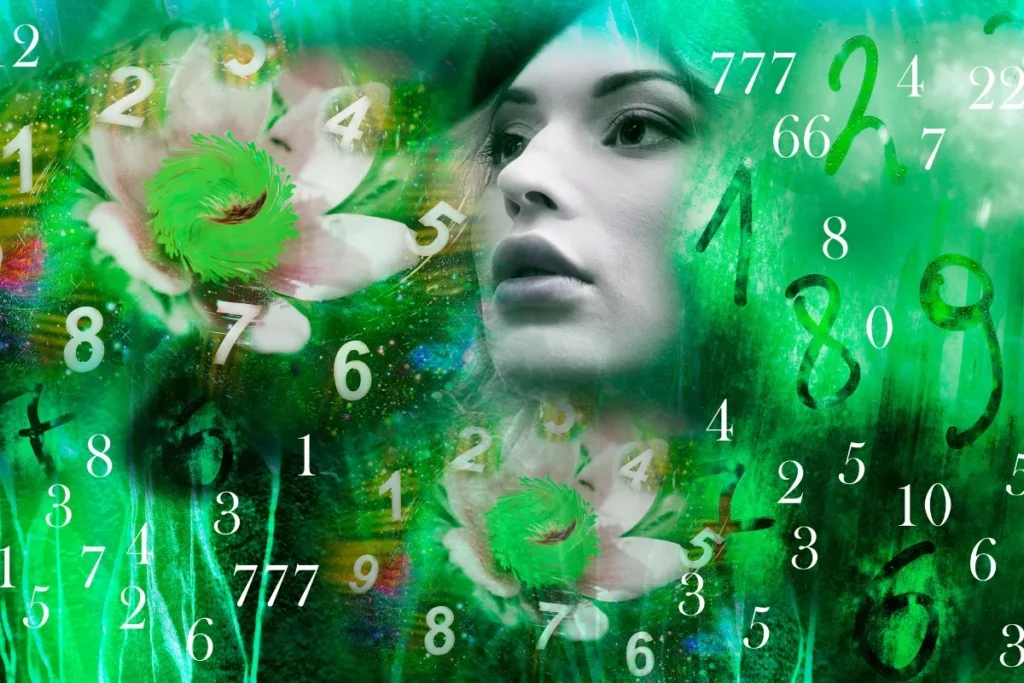 rosto de mulher em composição artística com números e elementos verdes ao redor